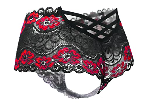 Sofishie Floral Lace Strappy Boyshorts - Red - Small